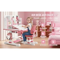 Kid's Study Desk And Chair Set, Height Adjustable Children's Desk And Chair Set with Bookshelf And Storage Drawer, 50-Degree Tiltable Desktop Study Table with Chair for Bedroom Study Room.