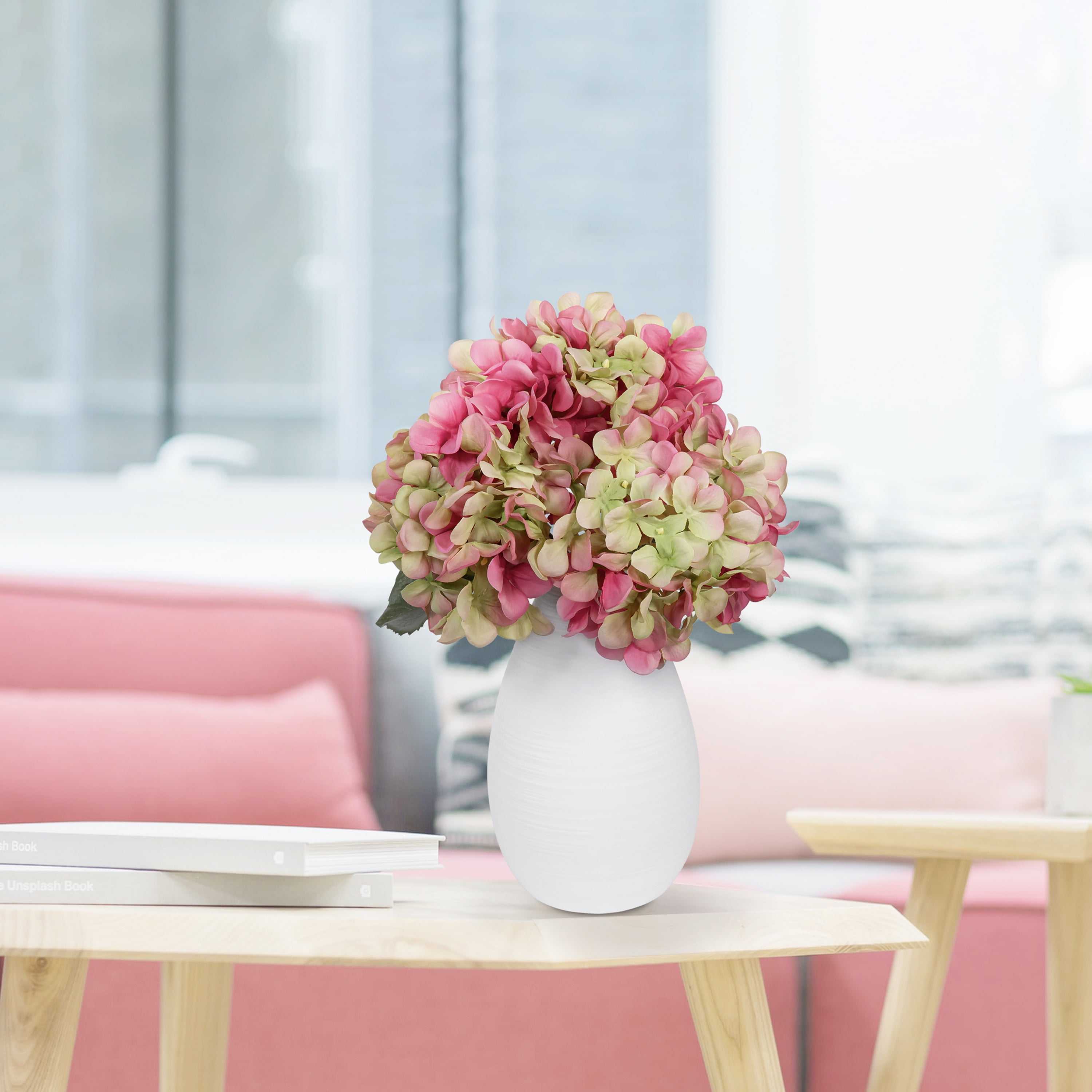 Mainstays 12.5" Artificial Silk Pink & Green Hydrangea Short Stem