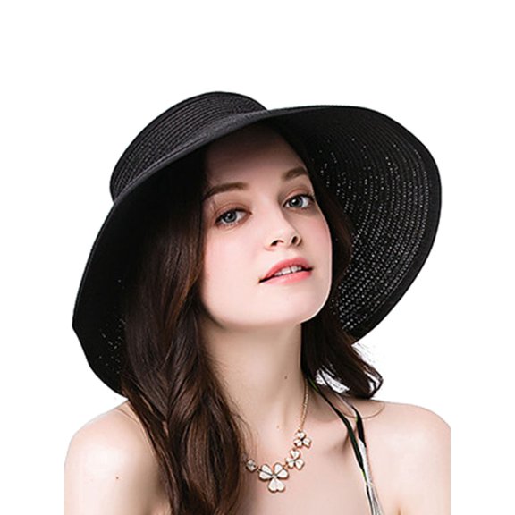 Women's Roll Up Wide Brim Straw Sun Visor Ribbed_Black