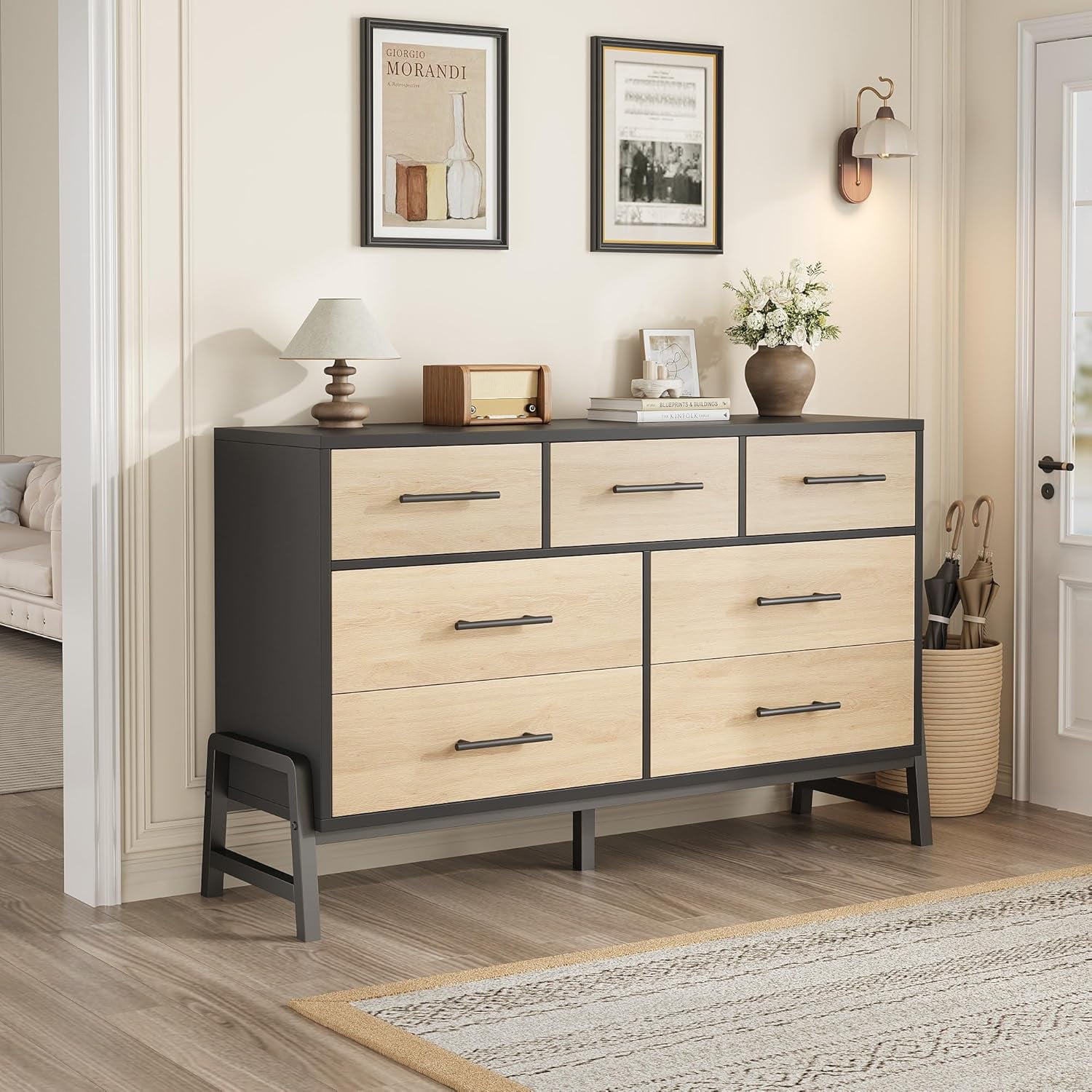 Hetoy 7 Dresser for Bedroom, 52" Wide Dresser, Wide Drawer Dresser with Storage Freestanding, Wooden Closet Dresser Storage Dresser Chest for Living Room, Bedroom, Entryway, Oak+Black