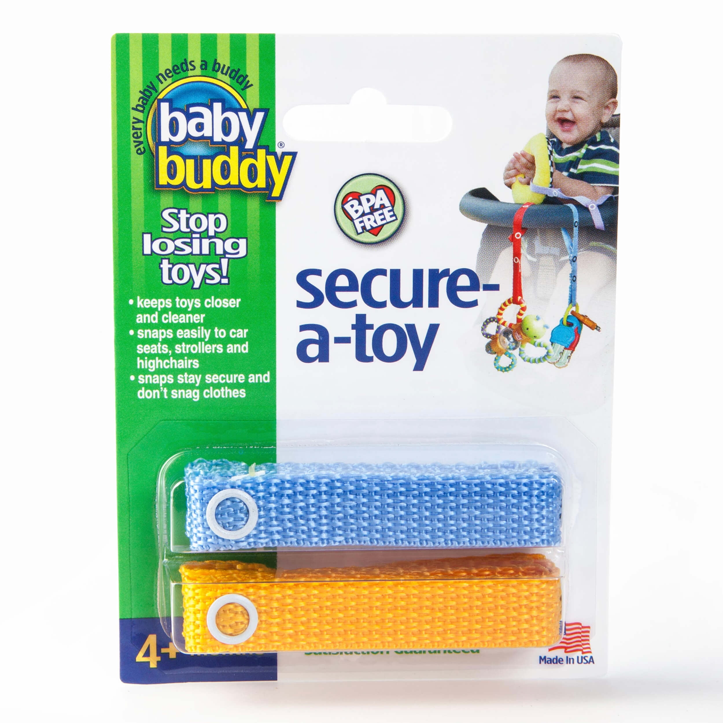 Baby Buddy Secure-A-Toy, Safety Strap Secures Toys, Teether, or Pacifier to Stroller, Highchair, Car Seat, Blue-Gold
