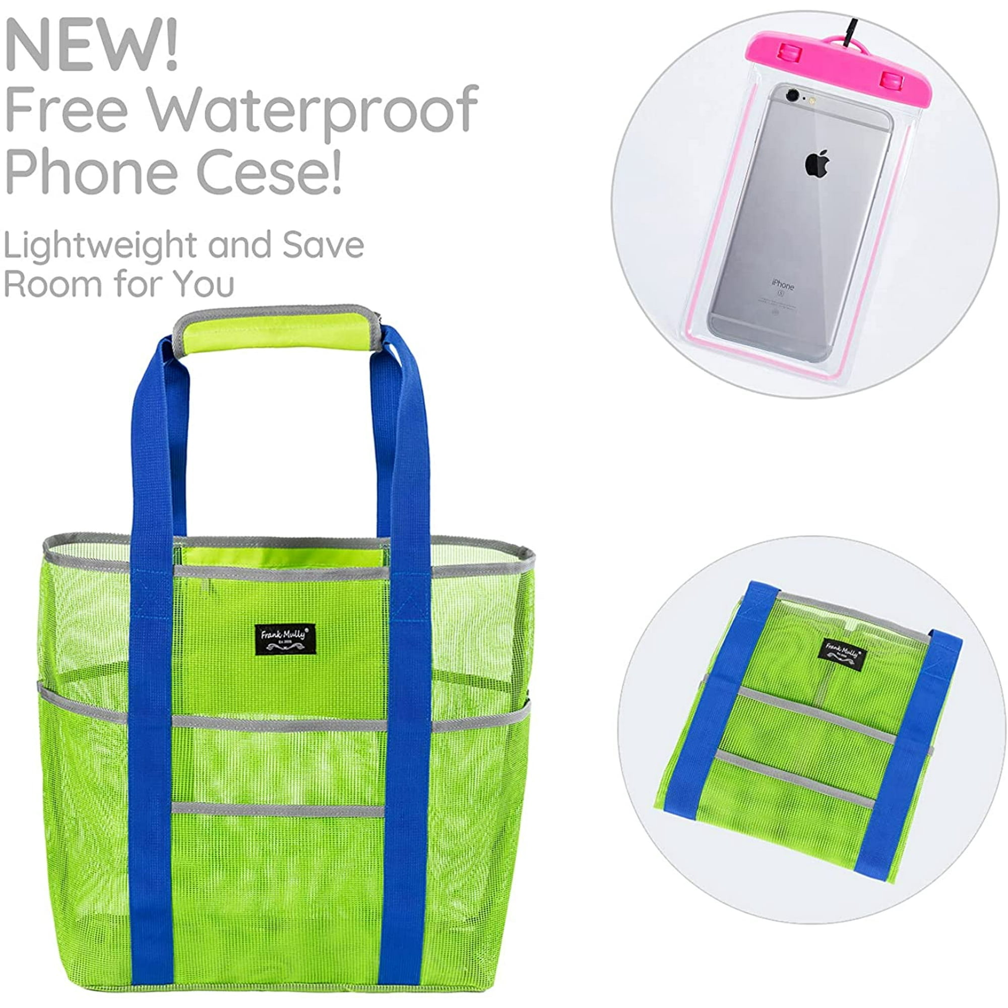 Mesh Beach Bag Beach Bags and Totes with Handles Large Toy Tote Bag with Phone Pouch Green