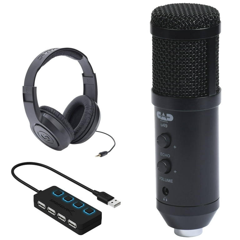 CAD Audio U49 USB Side Address Studio Microphone with Headphone Monitor and Echo with Samson Studio Headphones and 4 Port USB Hub LED lit Power