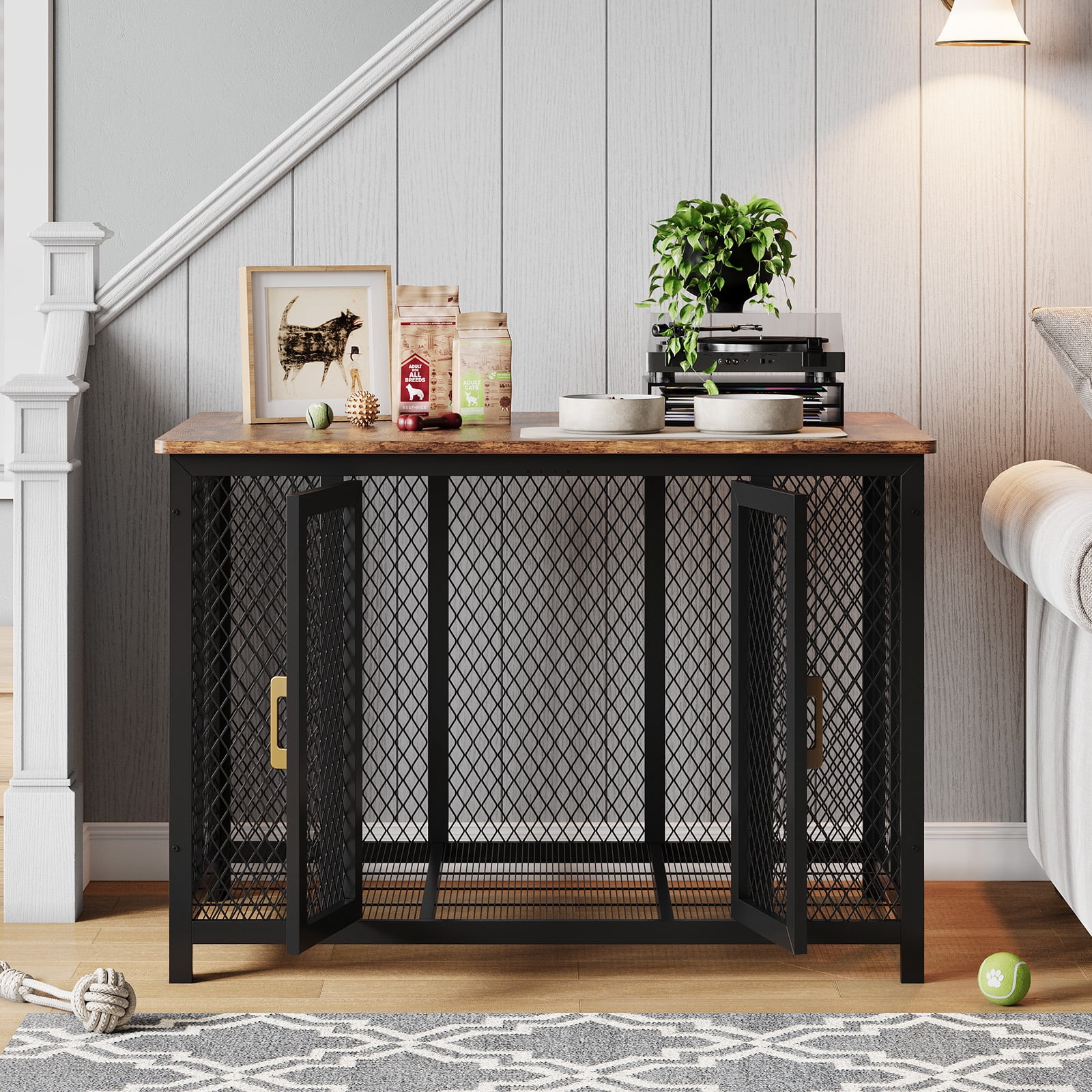 48" Flip-Top Dog Crate Furniture, Heavy Duty End Table Kennel for Dogs Up to 100 Lbs, Rustic Brown