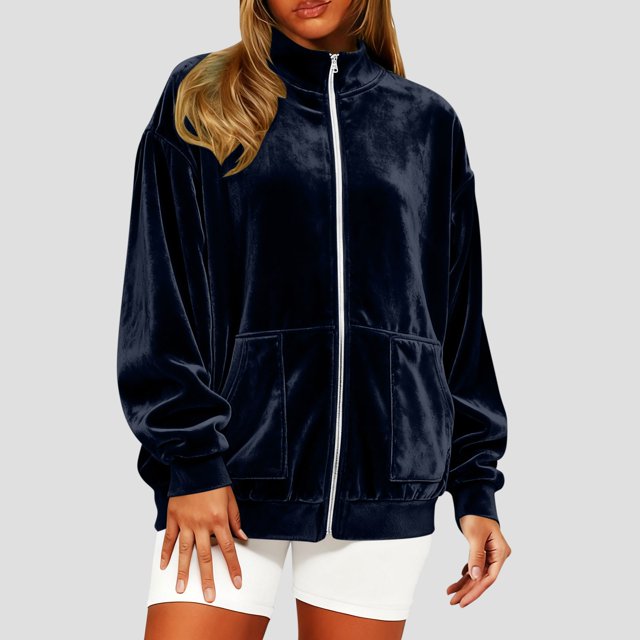 Karight Velvet Hooded Sweatshirt for Women Long Sleeve Full Zipper Outerwear Soft Warm Velour Jacket with Pockets