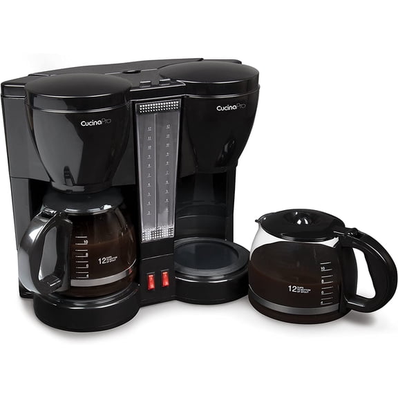 Double Coffee Brewer Station - Dual Drip Coffee Maker Brews two 12-cup Pots, Make Regular or Decaf at Once or Different Flavors, w/ Individual Heating Elements, 2 Glass Carafes, Filters & Scoopers