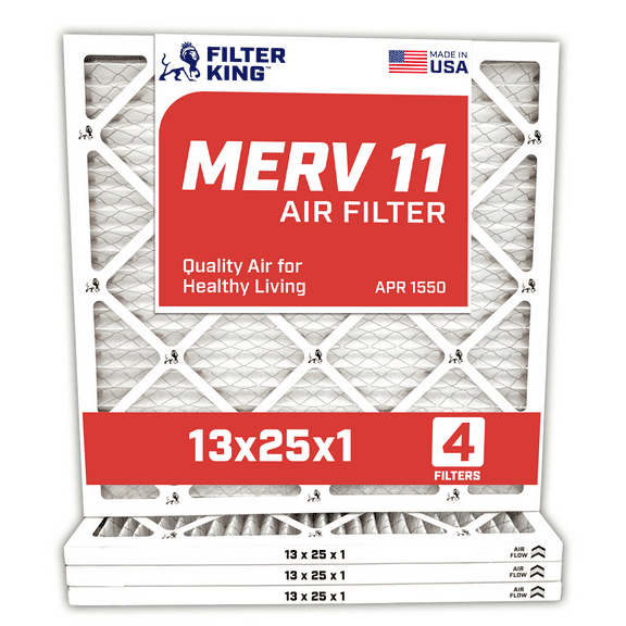 Filter King 13x25x1 Air Filter | 4-PACK | MERV 11 HVAC Pleated A/C Furnace Filters | MADE IN USA | Actual Size: 12.5 x 24.5 x .75"