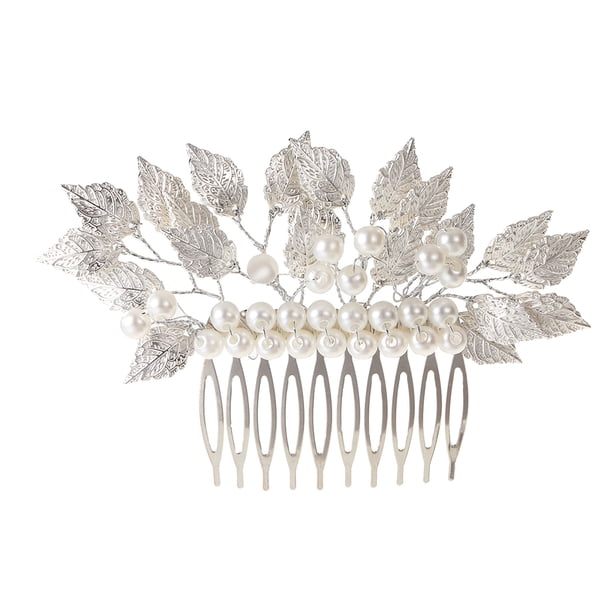 KAKOWELY Peineta para el cabello de boda con diseño de perla, hoja de plata y perla, joyería para el cabello
