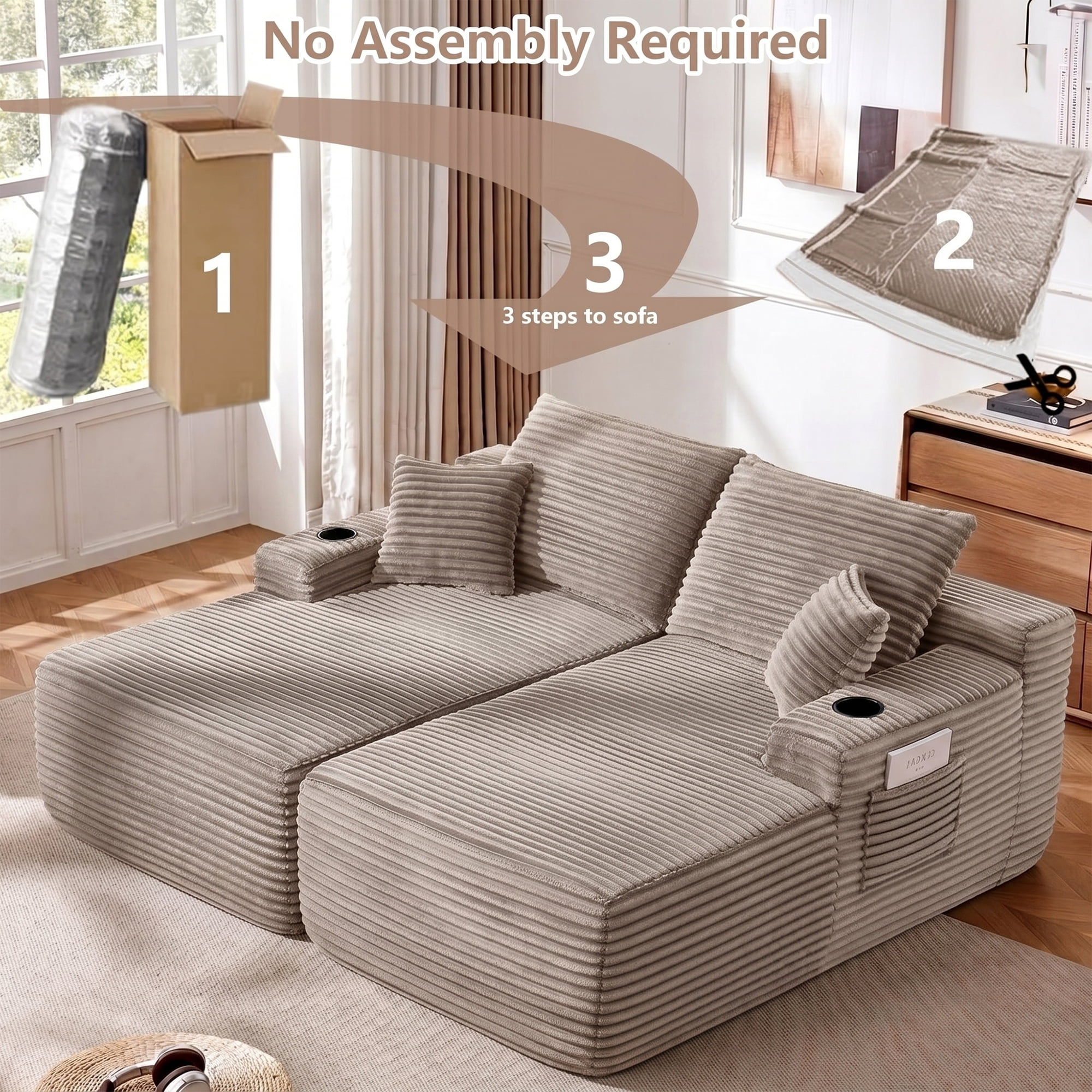 Aukfa 69" Oversized Double Chaise Lounge Boneless Couch Modular Loveseat Sleeper Sofa Bed for Living Room, 2 Cup Holders, Corduroy, Brown