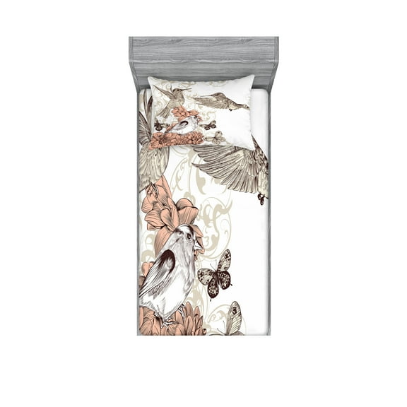Ambesonne Vintage Fitted Sheet & Pillow Sham Set, Birds Butterflies Art, Twin, Brown Tan