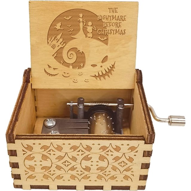 Caja de música de Halloween, caja de música de madera grabada con manivela, regalo vintage de Halloween con palabras de Pesadilla antes de Navidad, cara que ladra y patrón de murciélagos