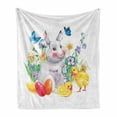 thumbnail image 1 of Bunny Soft Flannel Fleece Blanket, Painting Silhouettes of Chicken Colored Eggs and Butterflies Flowers and Spring Theme, Cozy Plush for Indoor and Outdoor Use, 70" x 90", Multicolor, by Ambesonne, 1 of 6