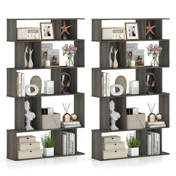Costway 2 PCS 5-Tier Geometric Bookshelf with Open Shelves Closed-back Cubes for Living Room Gray Oak