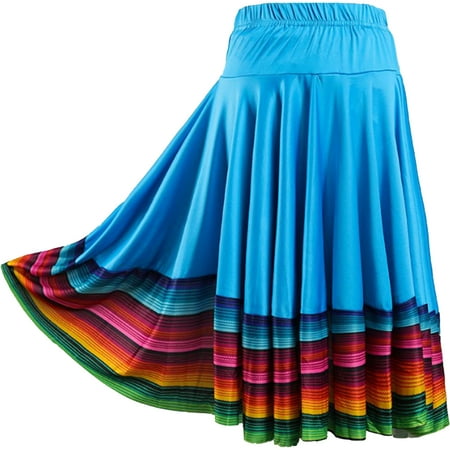 TiaoBug Women Mexican Flamenco Swing Long Skirt Spanish Full Circle Folklorico Dance Skirts Sky Blue 55cm XXL