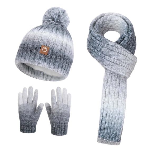 3PCS Hat Scarf Gloves Set - Winter Fleece-Lined Ear Flap Pom Pom Knit Cap, Gray