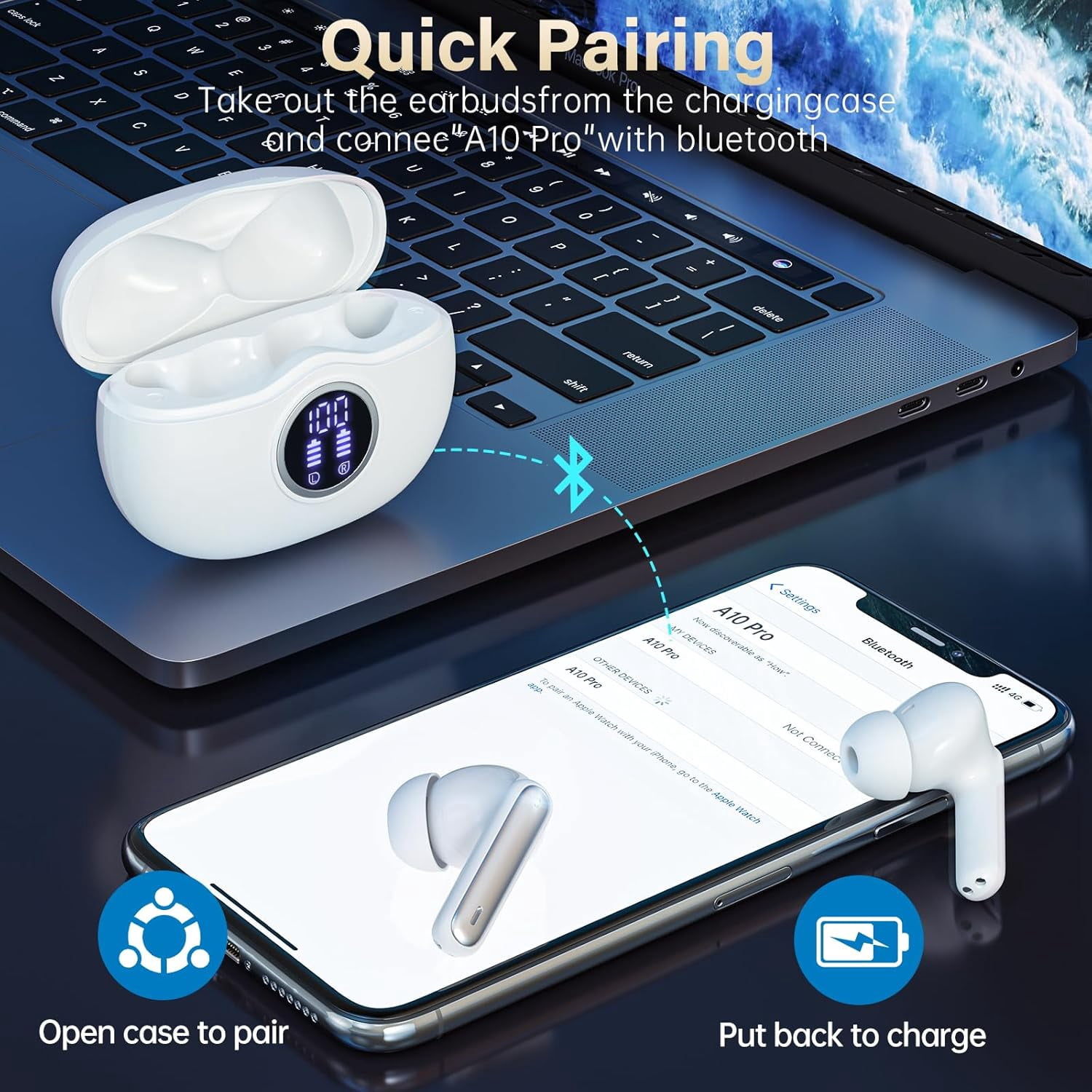 A10 Pro Wireless Earbuds, Bluetooth 5.3 Headphones HiFi Stereo 50H Playback LED Digital Display Ear Buds with ENC Noise Canceling Headset, IPX7 Waterproof Earphones for Gym/Running/Work - Black