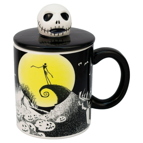 Taza Grande Cerámica con Tapa Esculpida en 3D, Diseño Jack Skellington, El Extraño Mundo de Jack, Capacidad 532 ml, Negro