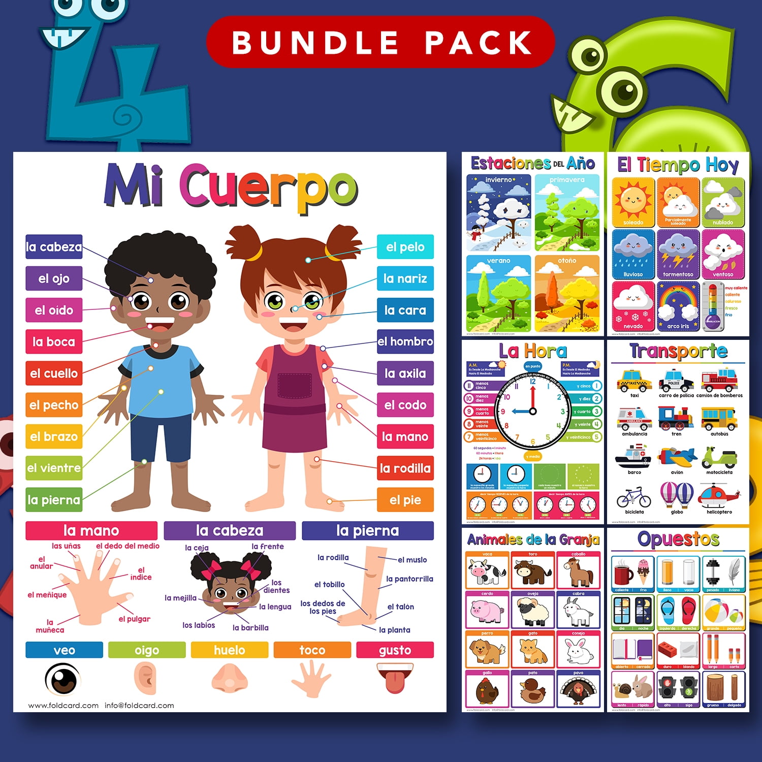 Spanish Educational Posters for Kids – Bundle of 14 Bilingual Classroom and Homeschool Learning Chart Decorations and School Materials, Preschool to Grade 3 | Durable, Glossy Cardstock | 8.5" x 11"
