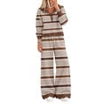 thumbnail image 2 of Domzest Womens Striped 2 Piece Outfit Set Long Sleeve Button Scalloped Trim Pullover Top & Wide Leg Pants Lounge Set Fall Casual Matching Outfit Sets Brown XL, 2 of 4