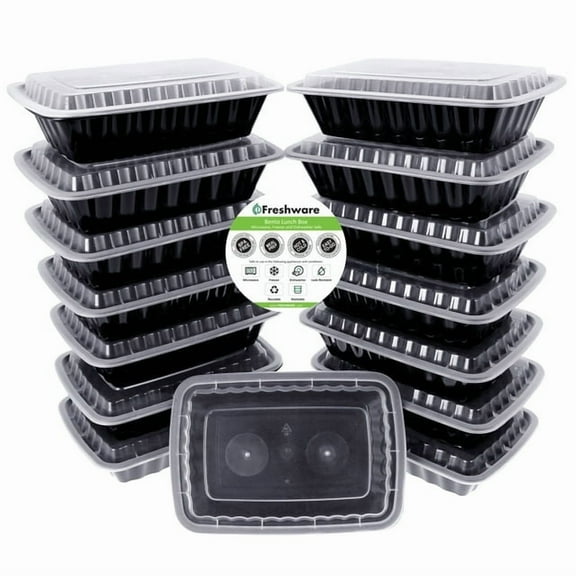 Freshware 15-Pack 1-Compartment Bento Lunch Box with Lids - Stackable Reusable Microwave Dishwasher and Freezer Safe - Meal Prep Portion Control 21 Day Fix and Food Storage Container (28oz)