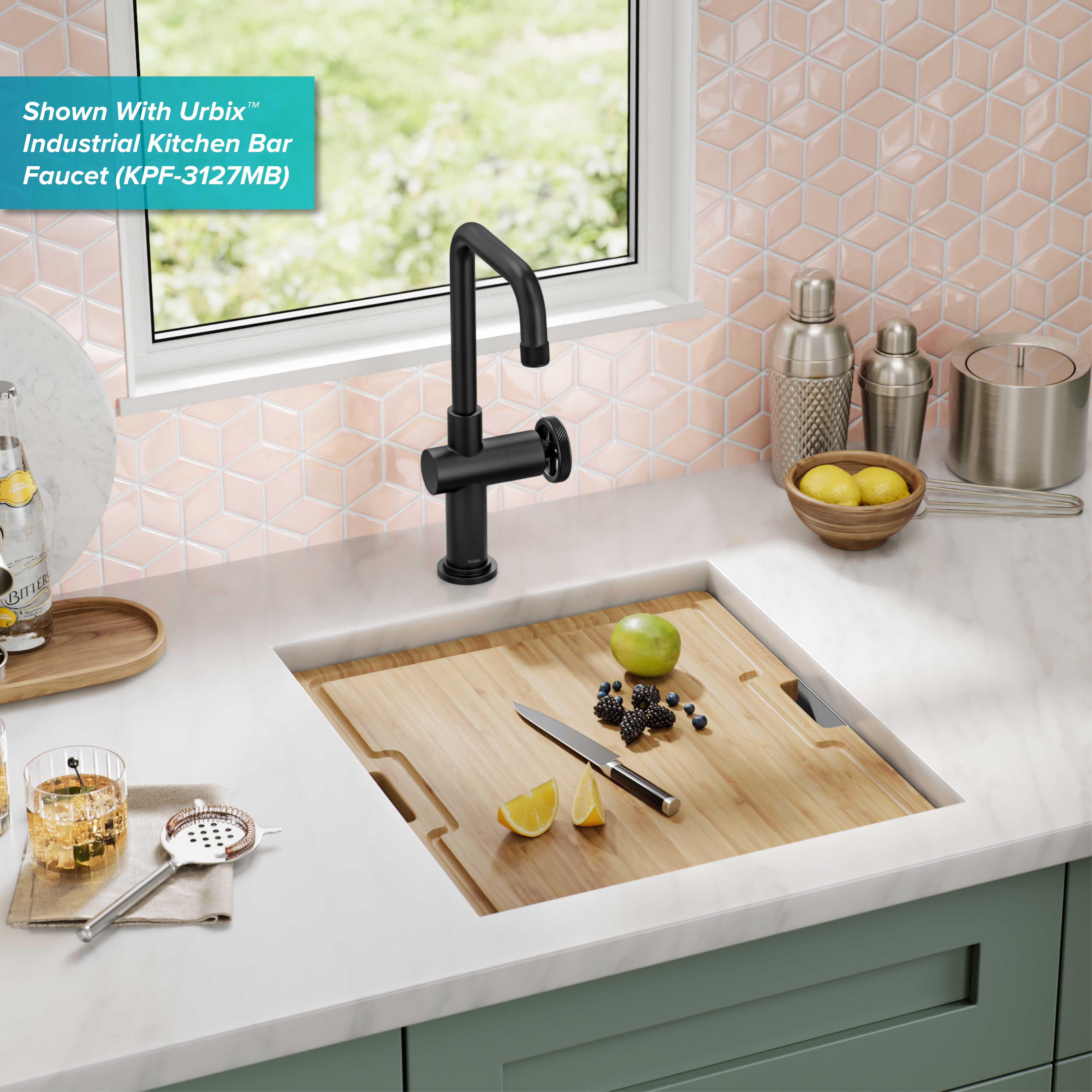 KRAUS Urbix Matte Black Single Handle Bar Faucet - Industrial Design, 360° Swivel Spout, Diamond Knurling, Easy Install For Kitchen Or Bar