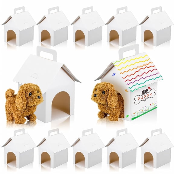 12-Pack Dog House Shaped Party Favor Boxes with Handles, White Cardboard Diy Paintable Gift Boxes for Kids Birthday Parties