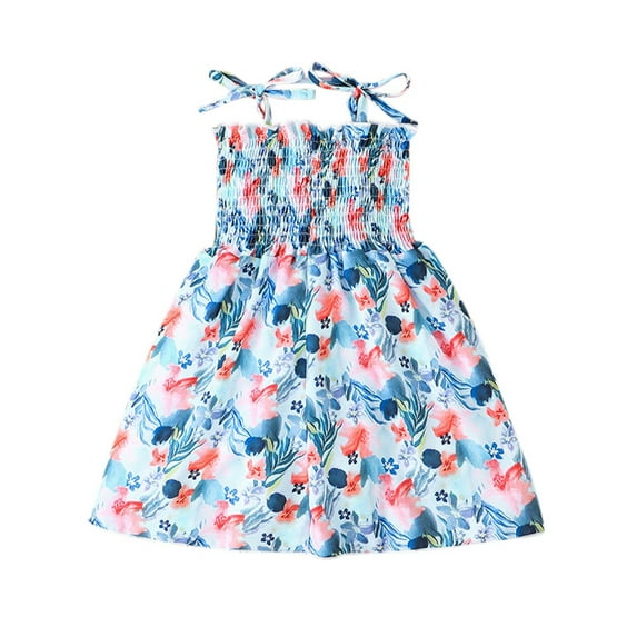 Toddler Girls Summer Dresses Kids Sleeveless Tie Strap Beach Dress Smocked Sundresses 1-5Years