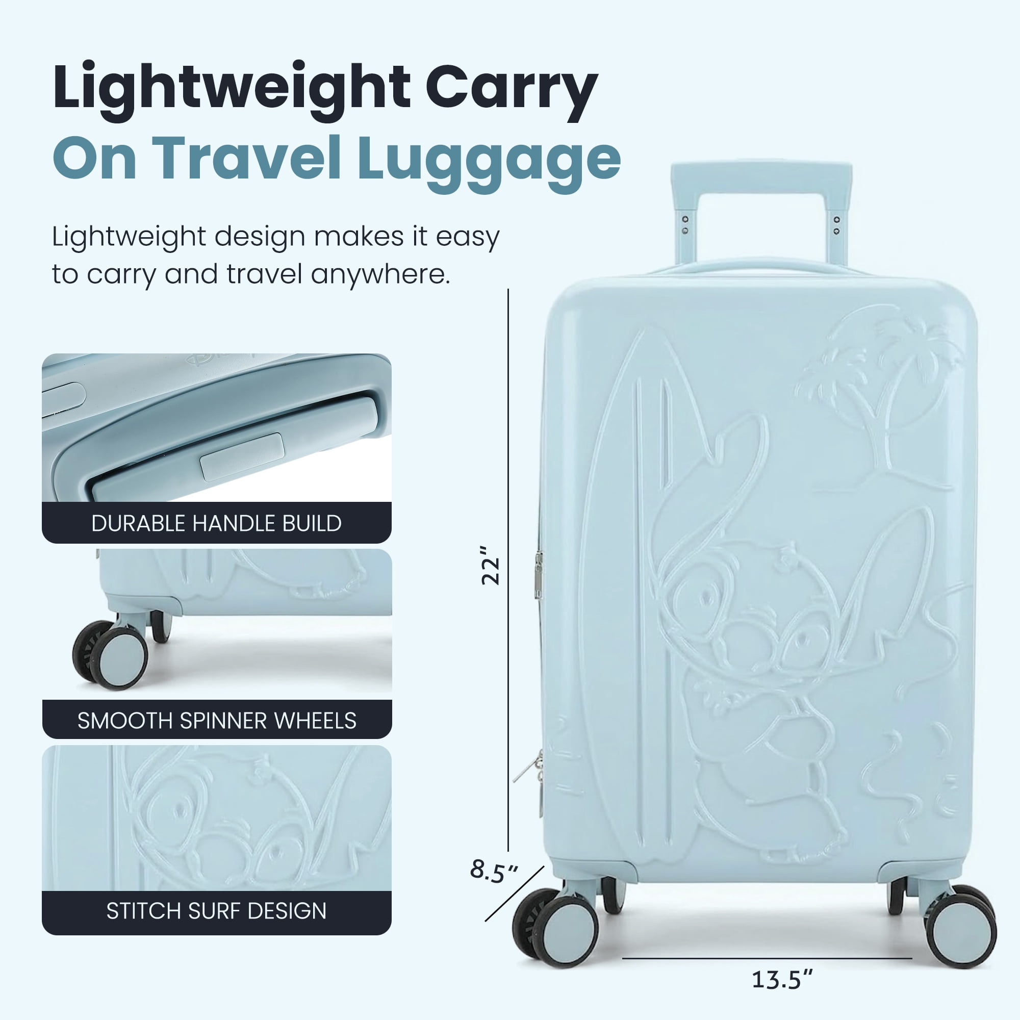 Disney Stitch With Surfboard Light Blue 22" Rolling Luggage