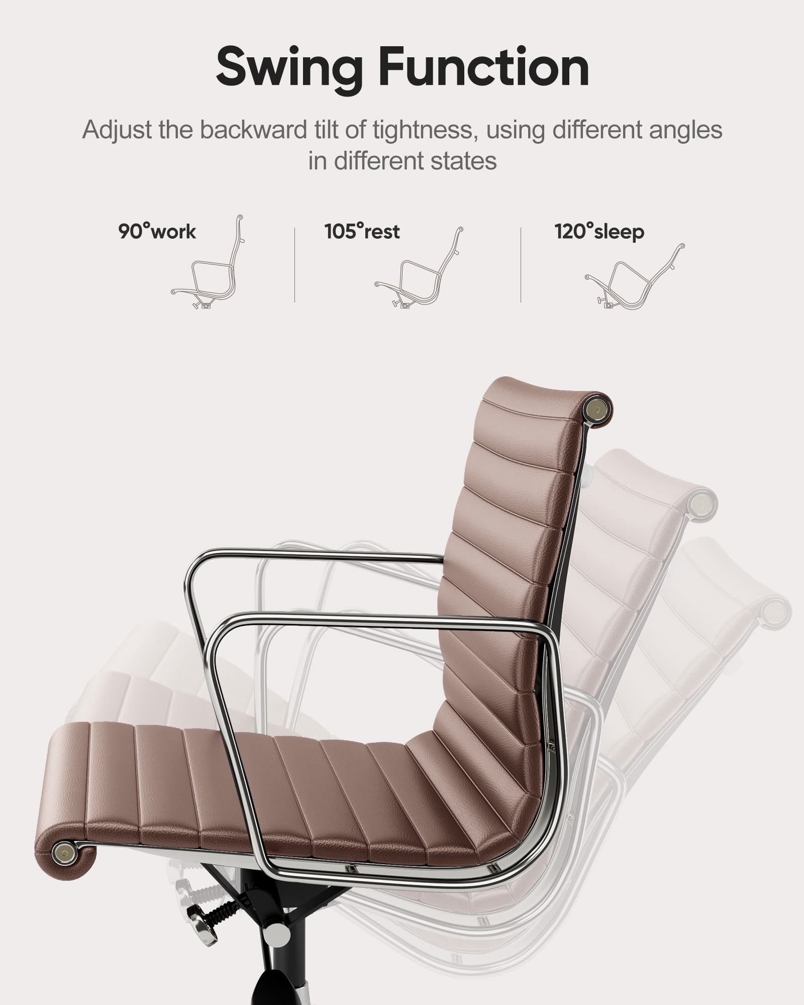 Mid-Back Ribbed Office Chair Adjustable Leather Computer Chair Ergonomic Lumbar Support,Swivel Desk Chair,Brown,1pc