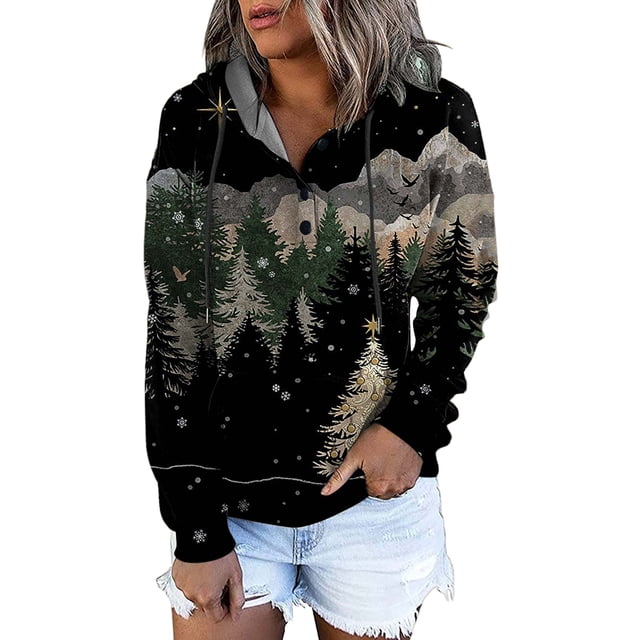 Sweat à Capuche d'Hiver pour Femmes, Pull de Mode Mi-Long, Blouse Ample Imprimée de Noël, Pull de Noël, Cardigan à Col Rond Chaud