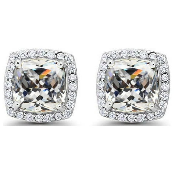 18k White Gold 3 Ct Created Halo Princess Cut White Sapphire Stud Earrings Plated by Paris Jewelry