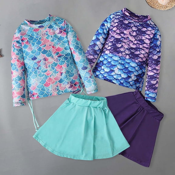 RTKFRFLM Girls 2-Piece Long Sleeve Swimsuit Set Gradient Fish Scale Top & Ruffle Skort for Kids Summer Beach Vacation