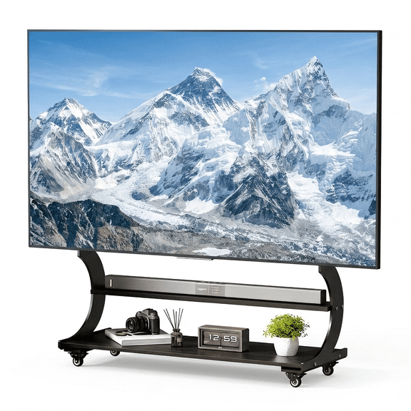 Arc-Shaped Art Mobile TV Stand Rolling TV Cart with Wheels for Most 50-100 Inch TV Portable Floor TV Stand with 2-Tier Wooden Shelves, Height Adjustable Holds up to 220lbs,VESA 900x600mm