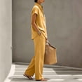 thumbnail image 5 of LEKWK Linen Sets for Women 2 Piece Short Sleeve Stand Collar Henley Tops and Loose Wide Leg Pants with Pockets Summer Casual Fashion Vacation Workwear, 5 of 7