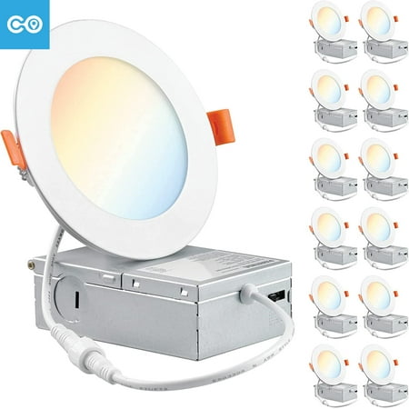 

(12 Pack) 4 Inch Dimmable 5CCT Ultra-Thin LED Recessed Ceiling Light with Junction Box 5 Color Selectable 2700K/3000K/3500K/4000K/5000K 9W Canless Wafer Slim Panel Downlight IC Rated