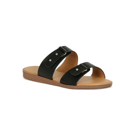 Women Double Strap Button Stud Flat Slide Sandal 18815