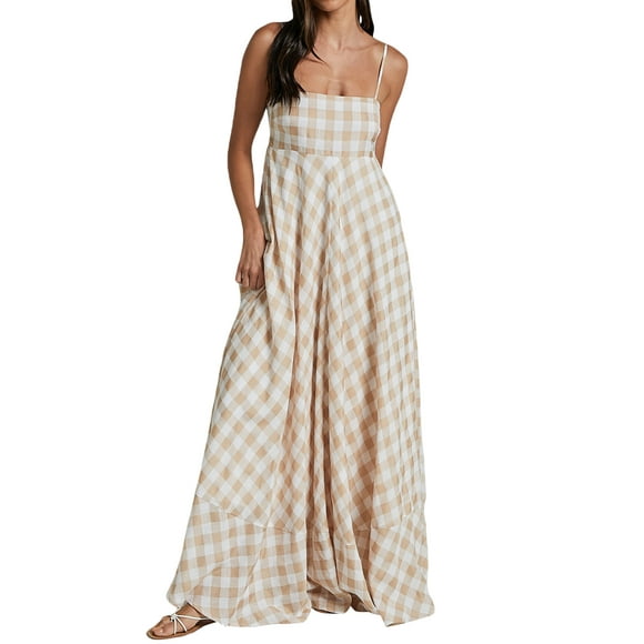 Gupgi Women Plaid Long Dresses Summer Spaghetti Strap Flowy Cami Dress Casual Swing Sundress