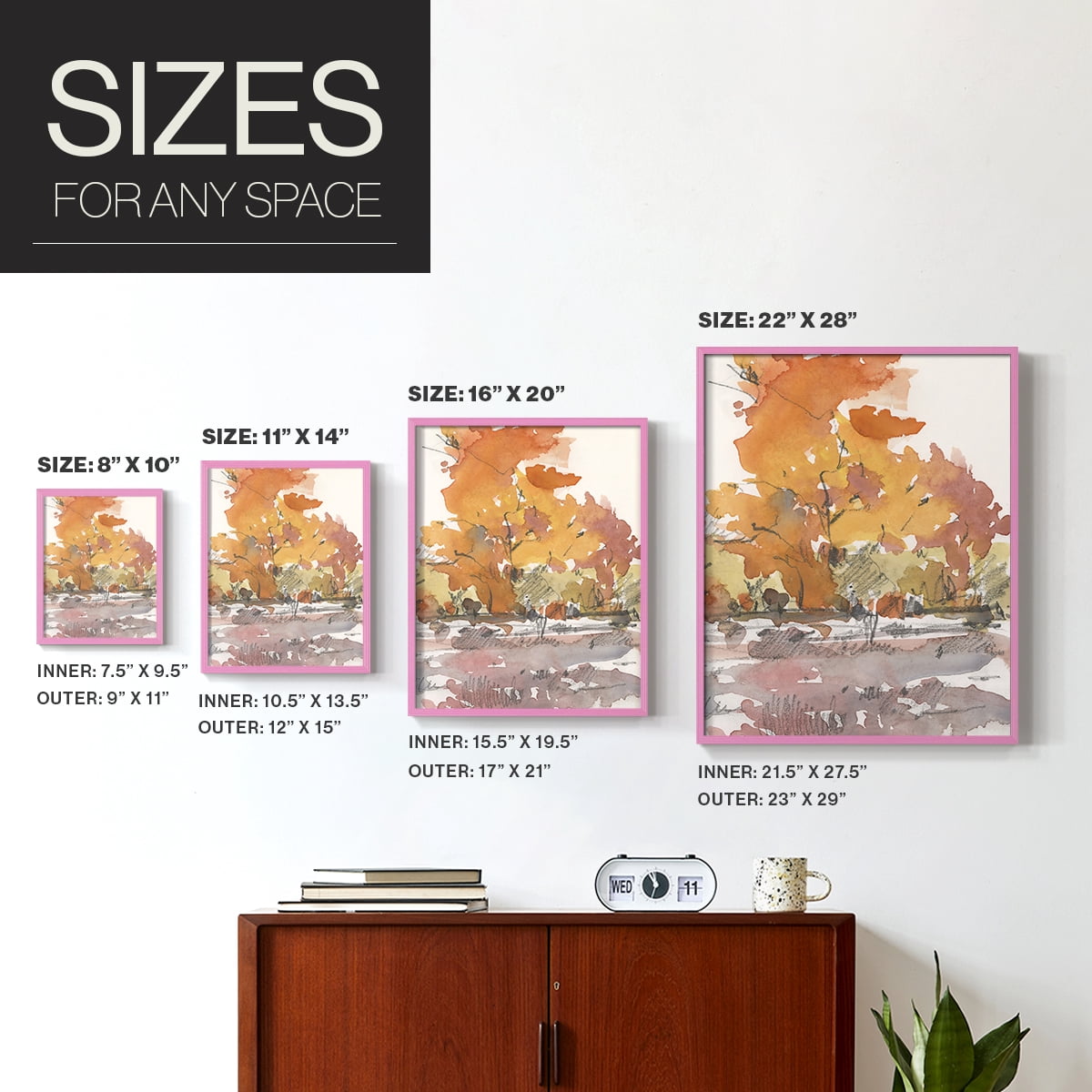 Watercolor Treeline Sketch II Framed Print in Pink Solid Wood 11 x 14 Framed Print
