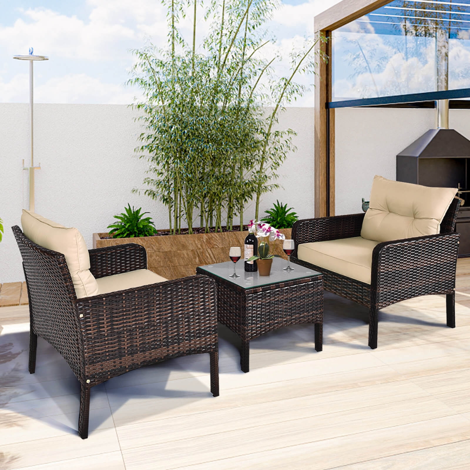Costway 3 PCS Patio PE Wicker Furniture Set with Cushions and Tempered Glass Coffee Table Brown