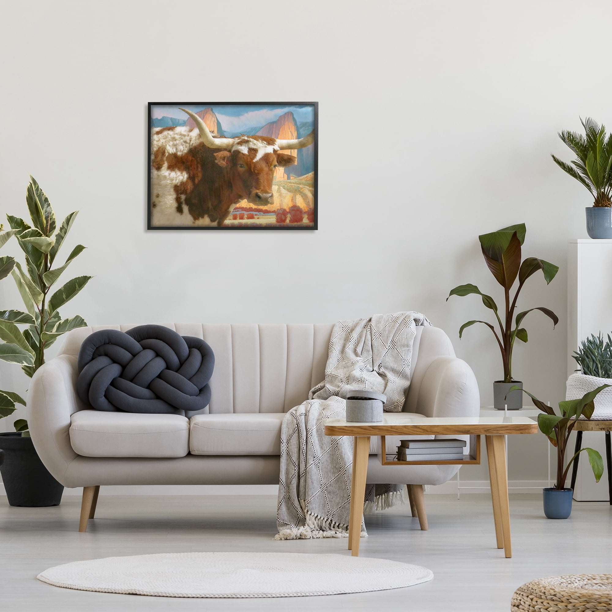 Stupell Longhorn Cattle Farm Landscape Animals & Insects Painting Black Framed Art Print Wall Art