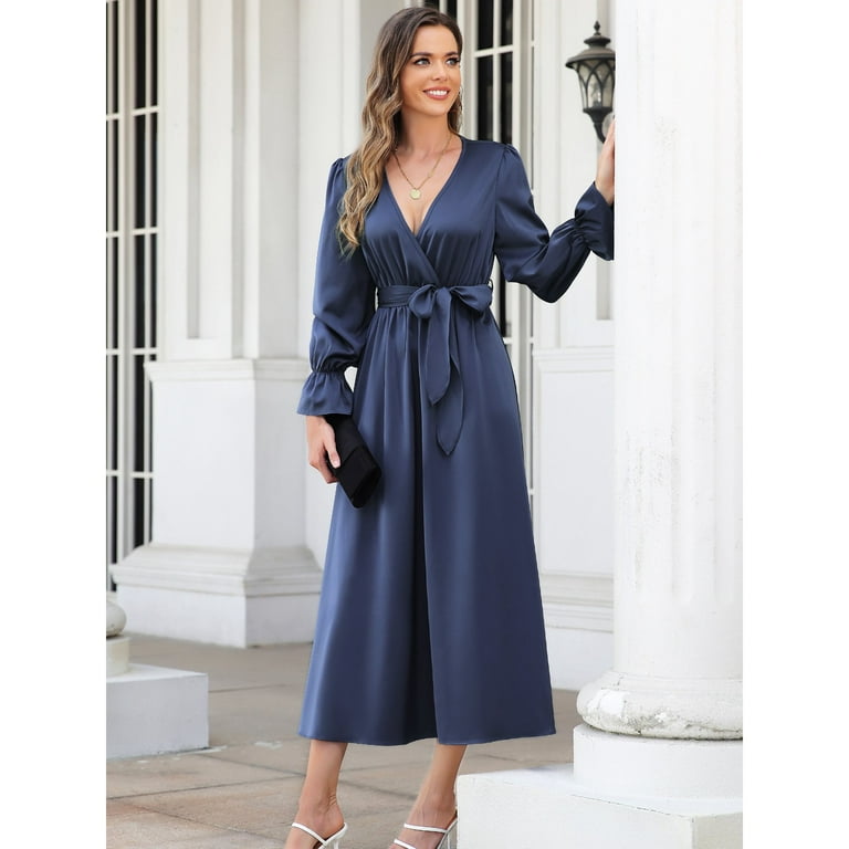 I2CRAZY Women Navy Blue V Neck Satin Wrap Dress, Long Puff Sleeve