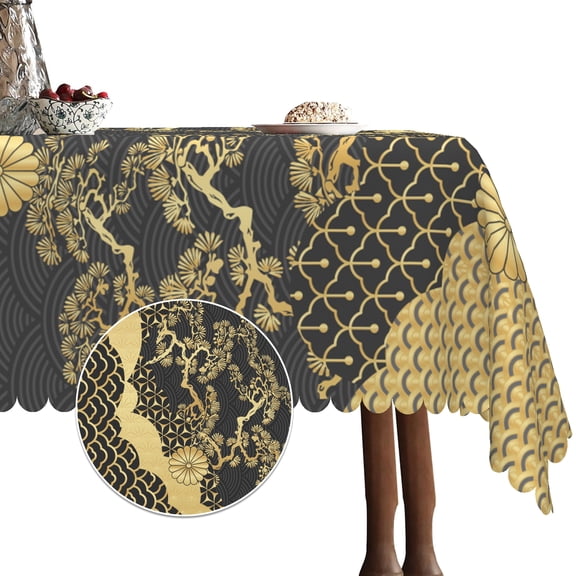 Japanese Tablecloth for Rectangle Tables,Black Linen Table Cloth,Table Cover for Dining Kitchen Decor Party Banquet,60x84