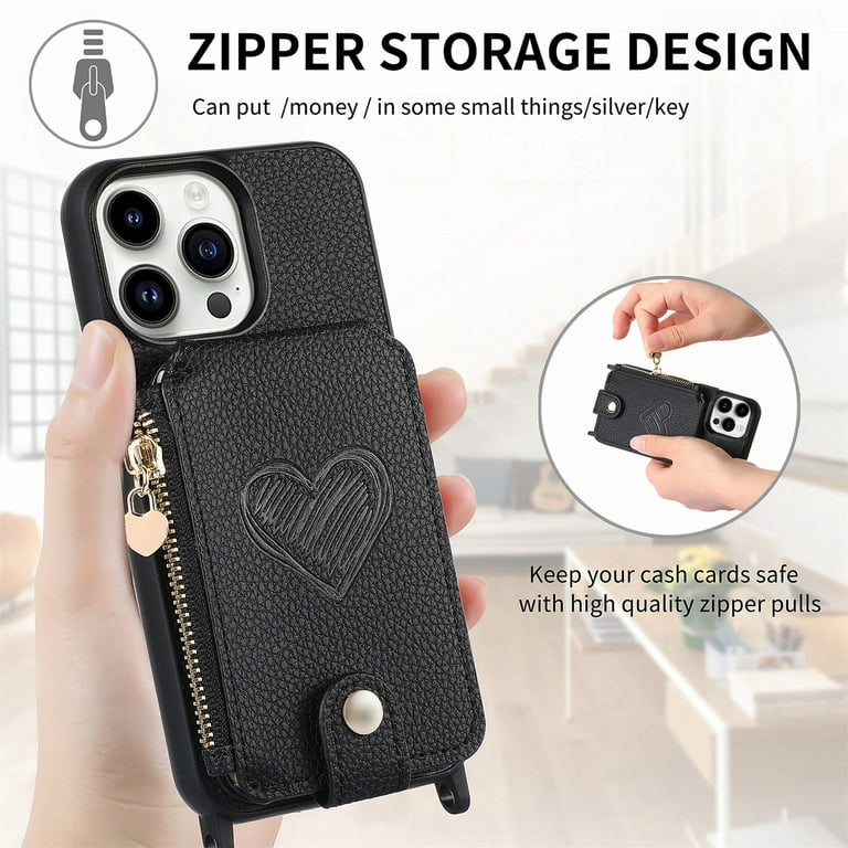 Dteck Crossbody Wallet Case for iPhone 12 Pro Max with Card Holder Zipper Card Slot Shockproof Purse Cover with Removable Lanyard 6.7 Inch Black