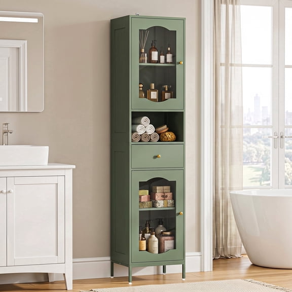 Amlancher 66.4in Tall Narrow Bathroom Storage Cabinet, Linen Tower with Door and Drawers for Small Spaces, Green