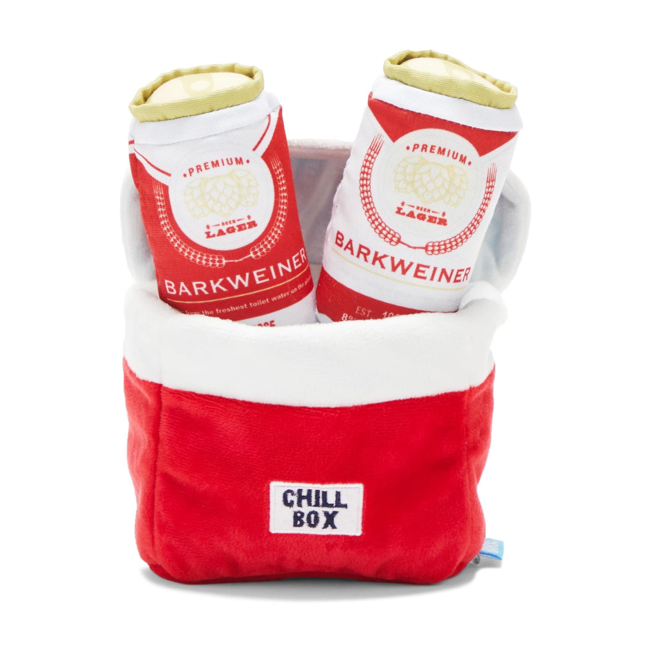 BARK Bite Lite Beer Cooler Cookout Beer Can Plush Dog Toy