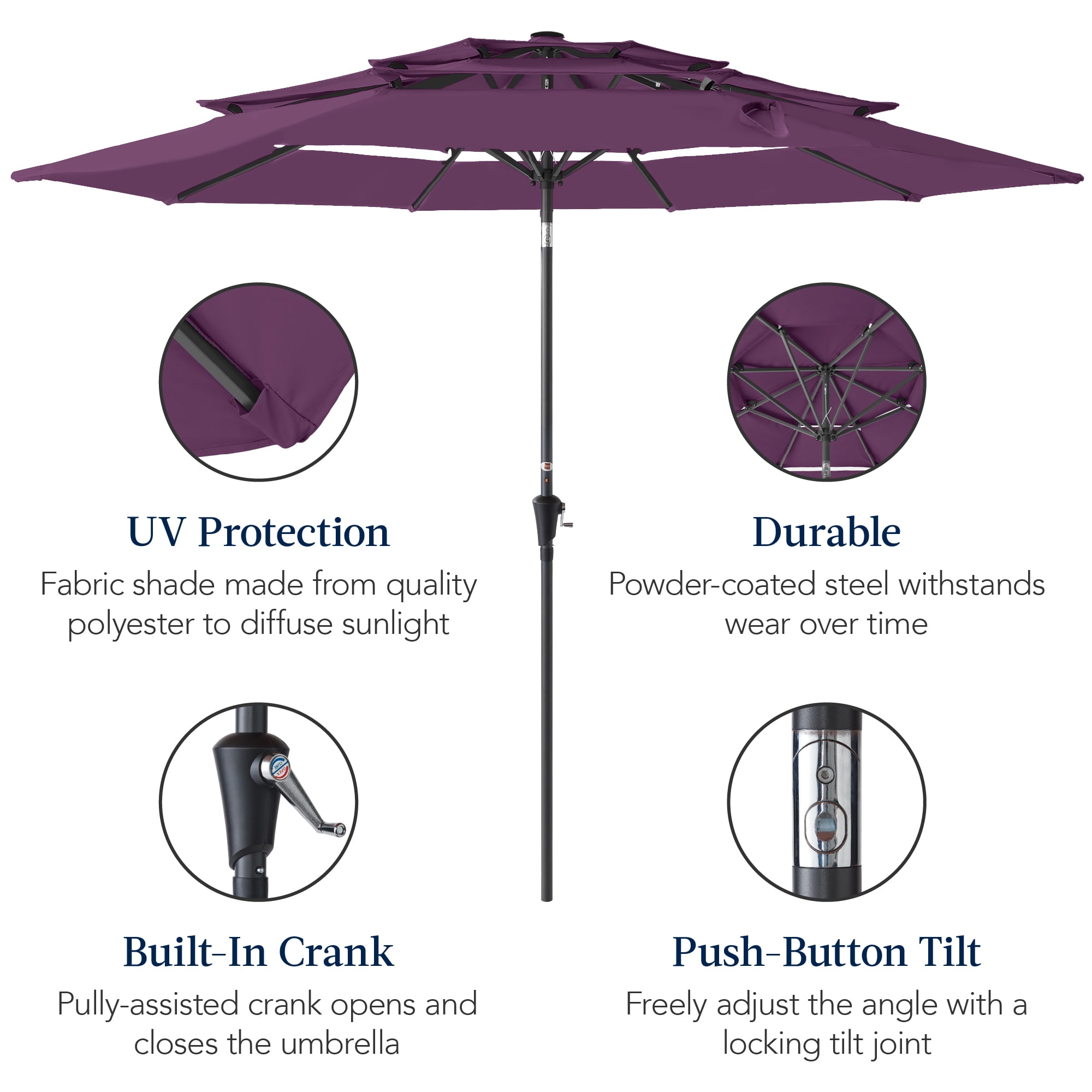 Best Choice Products 10ft 3-Tier Patio Umbrella, Market Sun Shade w/ Tilt Adjustment, Easy Crank - Amethyst Purple