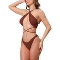 thumbnail image 4 of INSPIRAR CHIC Conjuntos de Bikini de Punto Acanalado para Mujeres de Dos Piezas, Top con Tiras y Parte Inferior en Triángulo, Trajes de Baño Talla X-Large Color Café, 4 of 5