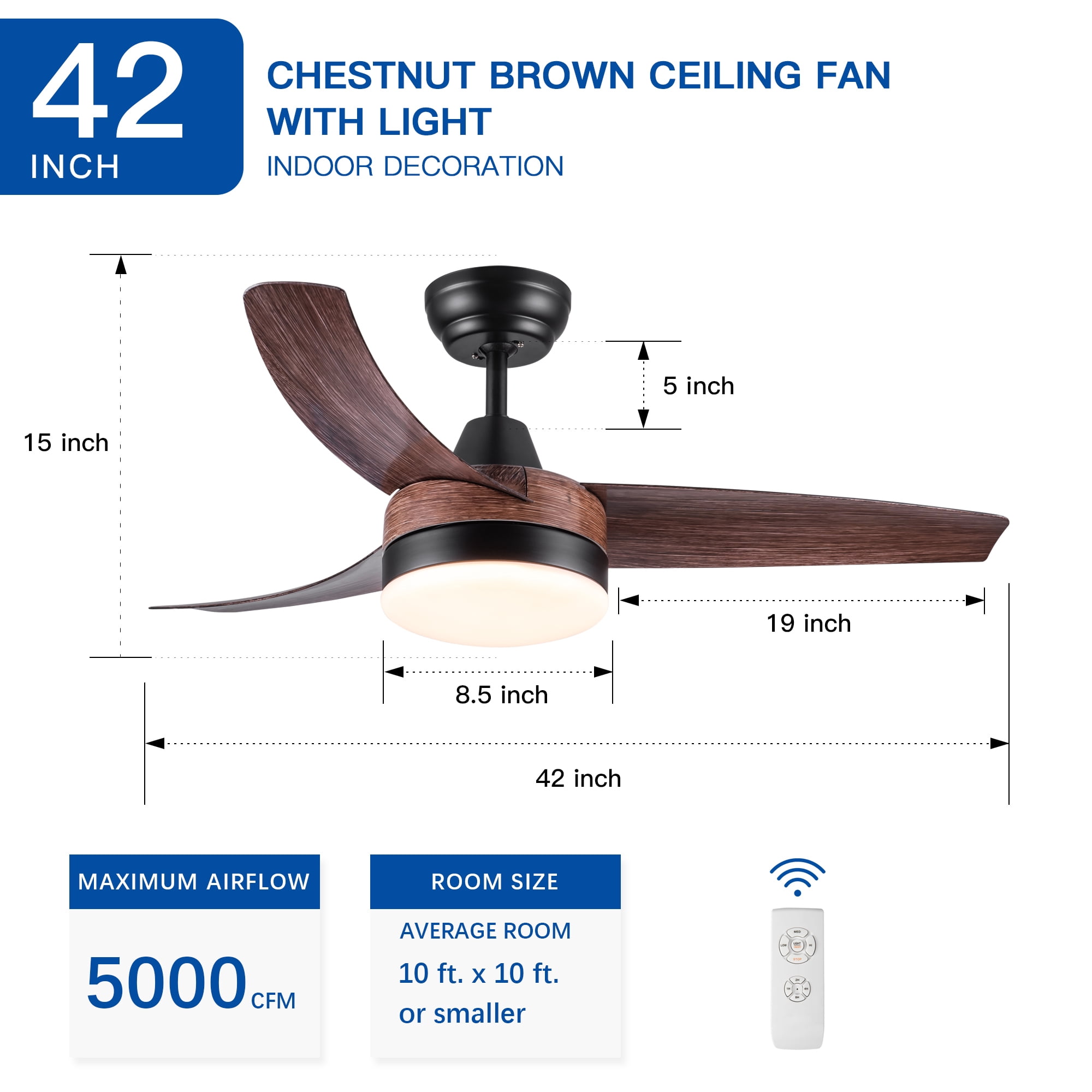 Leumius 42" Farmhouse Rustic LED Ceiling Fan with Brown Wood Grain ABS Blades and Remote Control for Living Room Bedroom