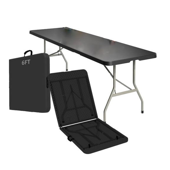 6 Foot Heavy Duty Plastic Table, Portable Folding Dining Table for Camping BBQs Parties, Indoor Outdoor, Black