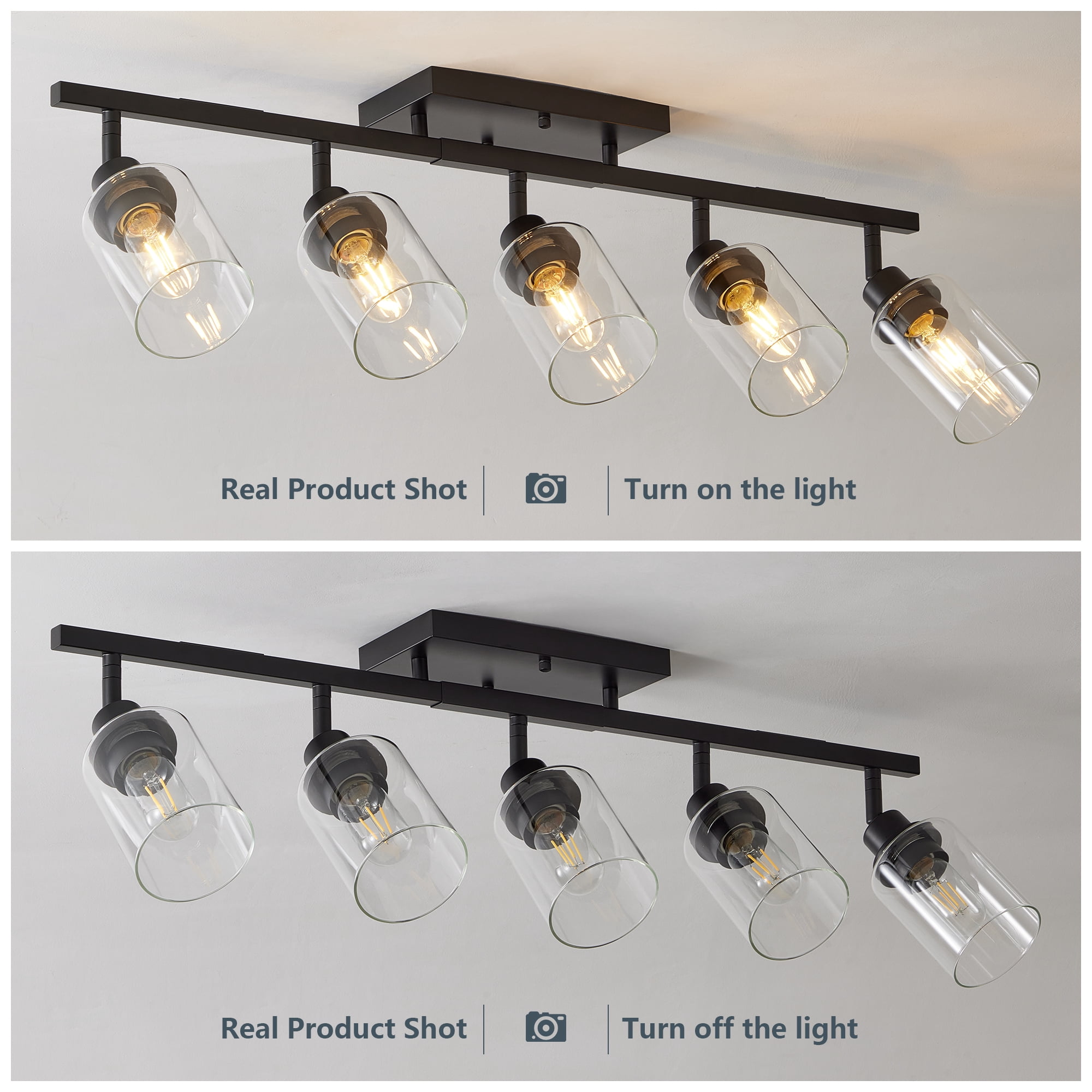 5-Light Track Lighting Kit Black Track Lighting Fixtures Bathroom Wall Sconces Ceiling Mount Kitchen Tracking Lights, Rotatable Spotlight with Clear Glass Shade for Kitchen Shop Hallway